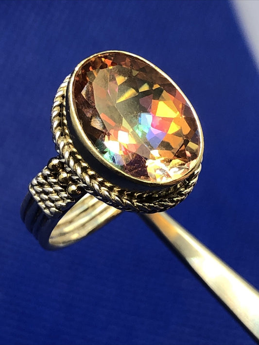Designer Sterling Silver Oval Mystic Topaz Ribbed Twist Statement Cocktail Ring