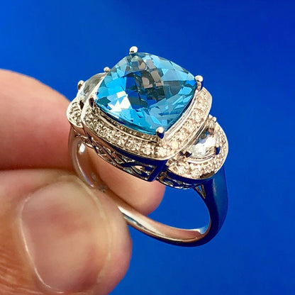 Stunning 14K White Gold Blue Topaz Diamond Aquamarine Accent Statement Ring