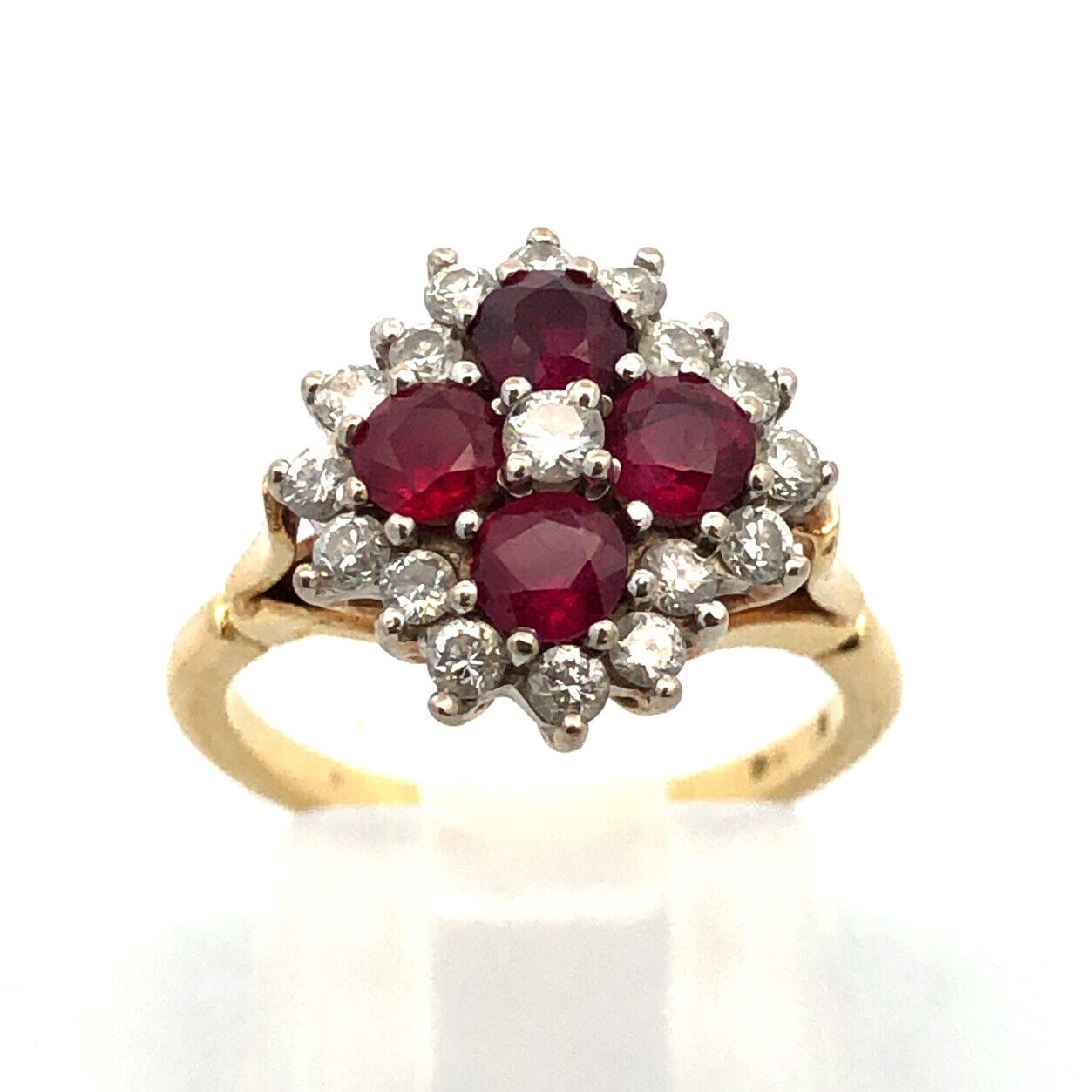 Estate Designer 18K Yellow Gold Ruby Diamond Flower Cluster Cocktail Ring