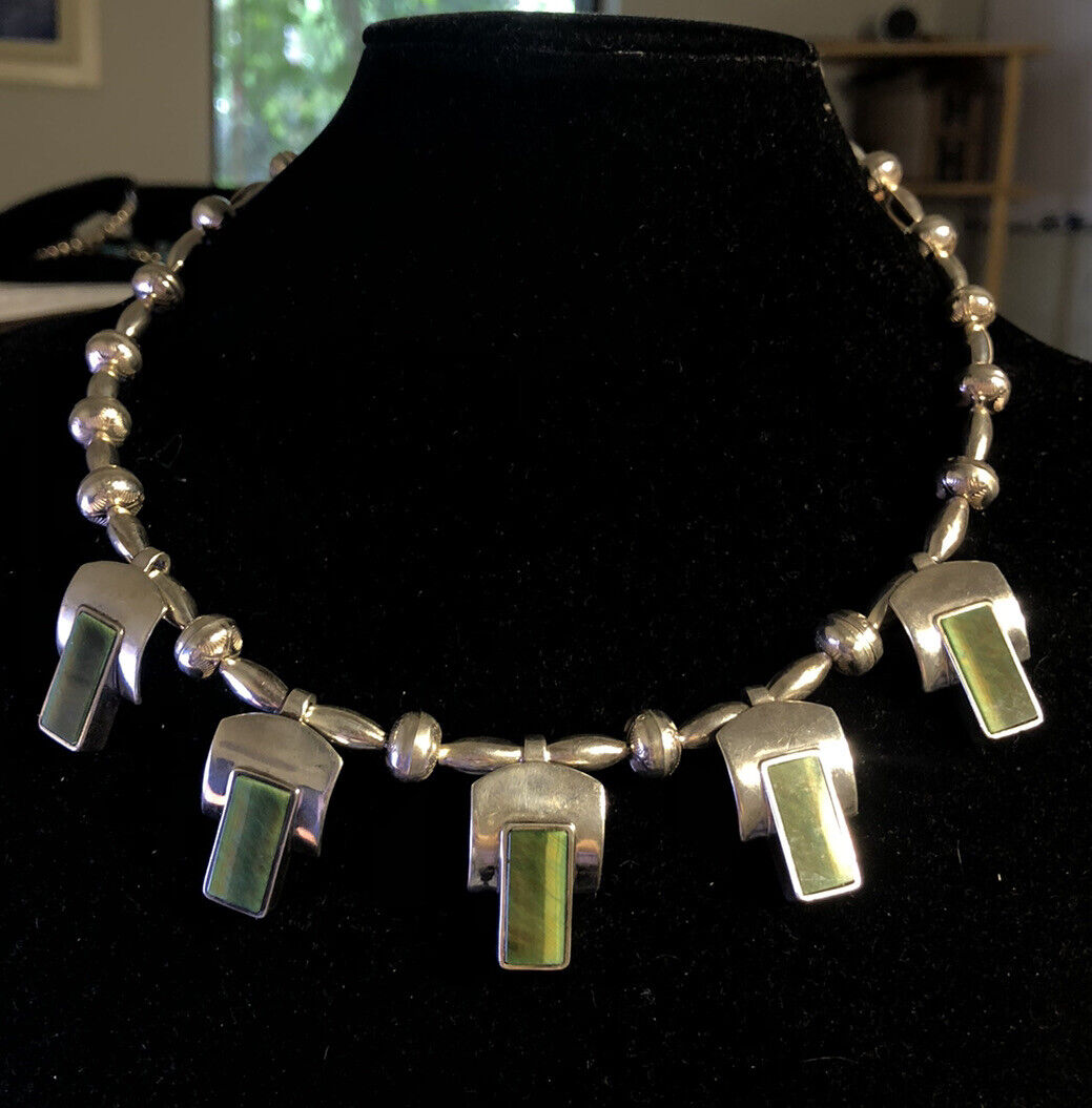 Designer Sterling Silver Chrysoprase Panel Modernist Statement Collar Necklace