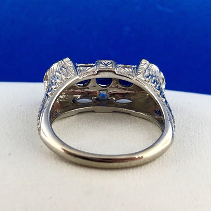 Art Deco Designer 14K White Gold Sapphire Cubic Zirconia CZ Anniversary Ring