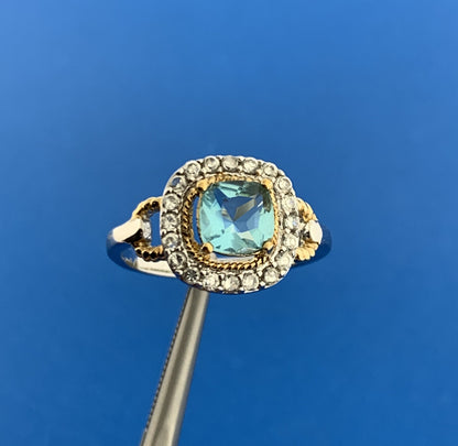 Designer Sterling Silver 925 Blue Topaz Cubic Zirconia Halo Engagement Ring
