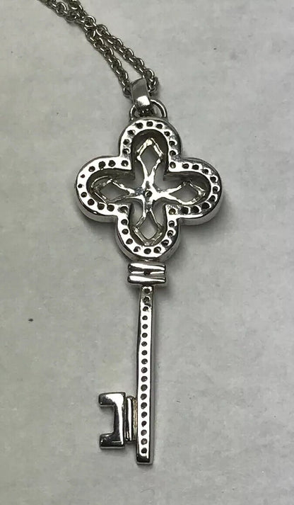 Vintage Designer Sterling Silver 925 Diamond Filigree Open Scroll Key Necklace