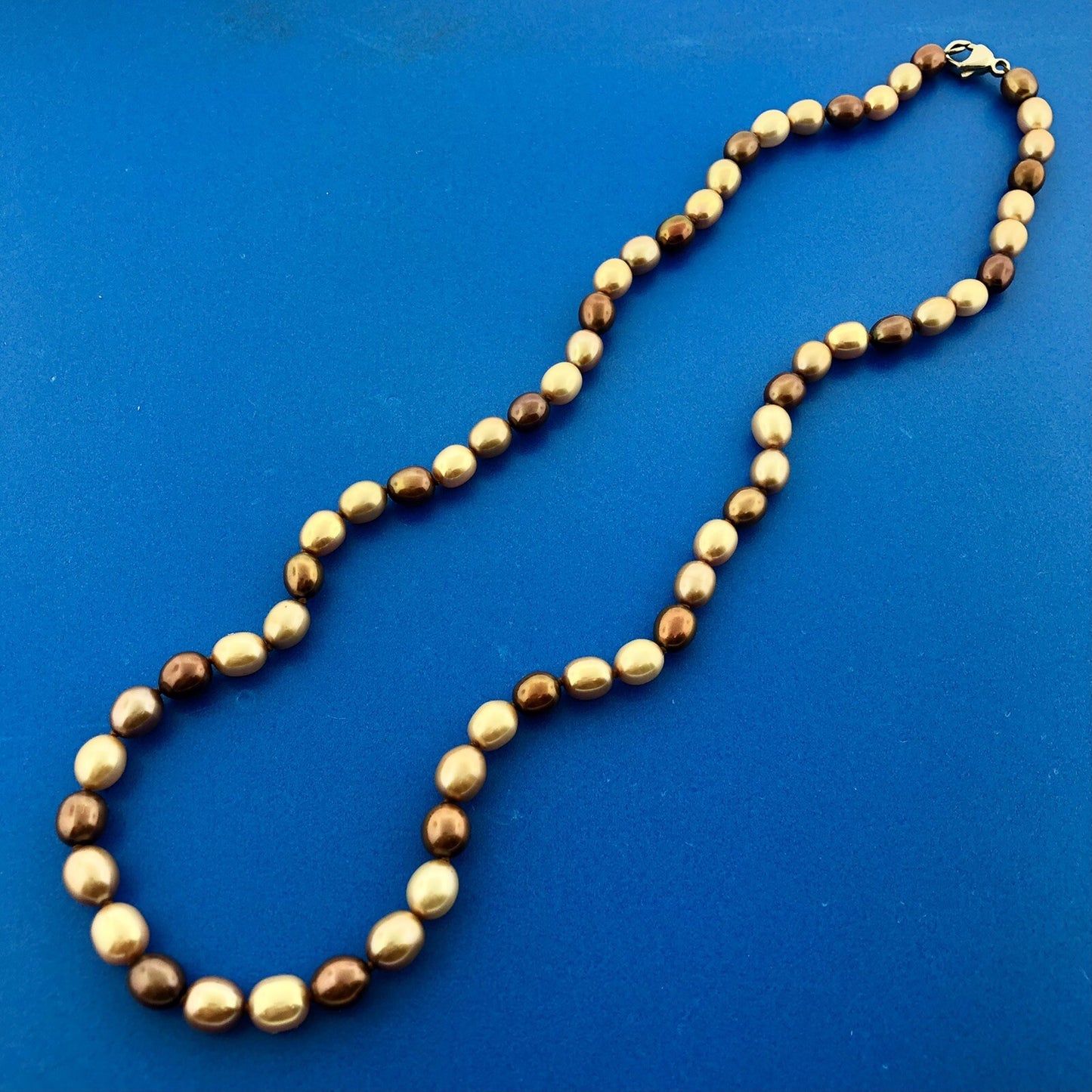 Retro Designer 925 Sterling Silver Bronze Champagne Oval Pearl Choker Necklace