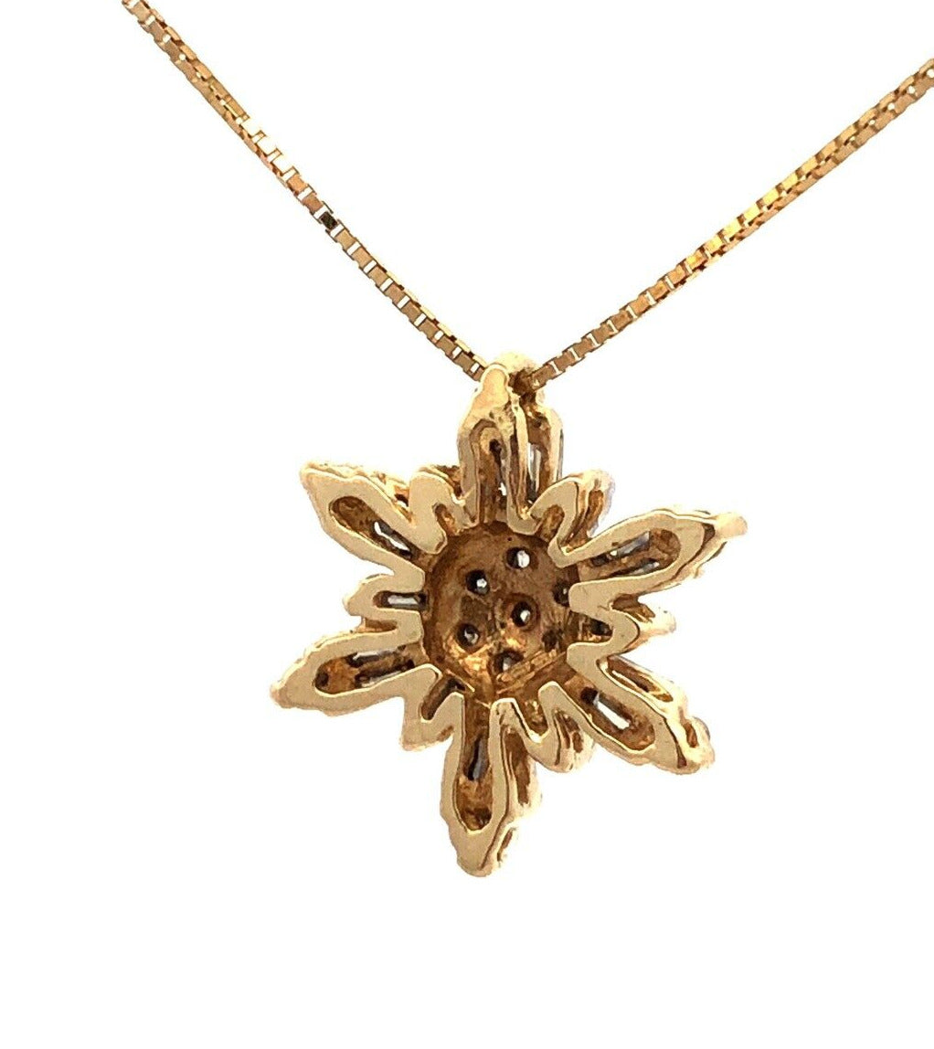 Designer AOL 14K Yellow Gold Baguette Diamond Cluster Snowflake Pendant Necklace