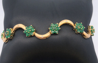 Designer 14K Yellow Gold Emerald Diamond Floral Station Bracelet