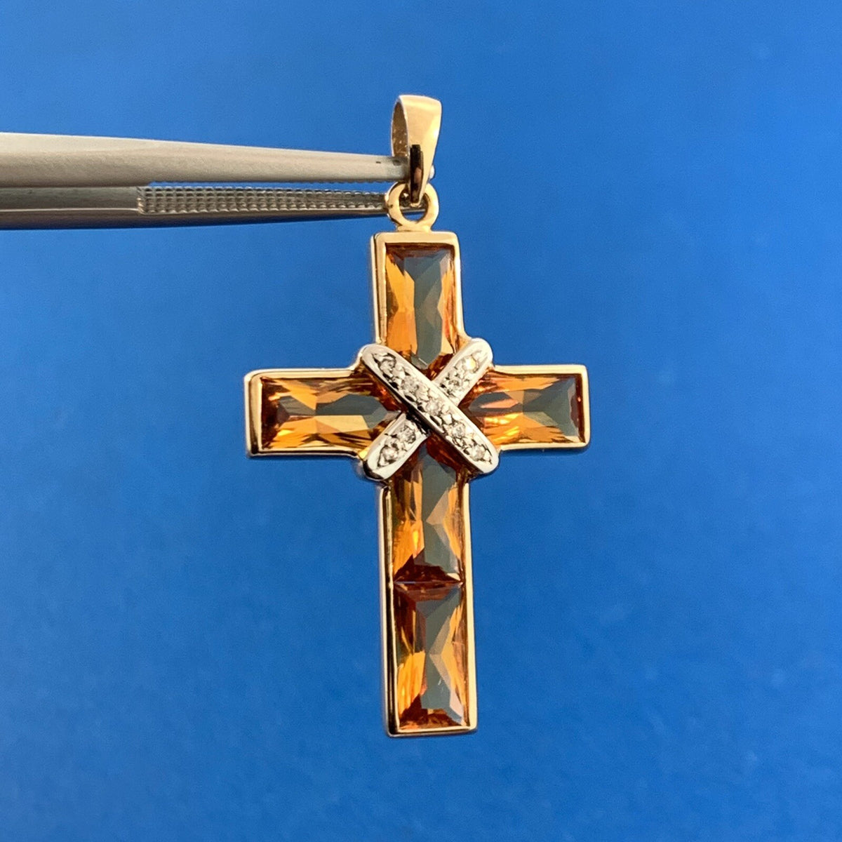 Designer 14K Yellow White Gold Citrine Diamond Accented Statement Cross Pendant