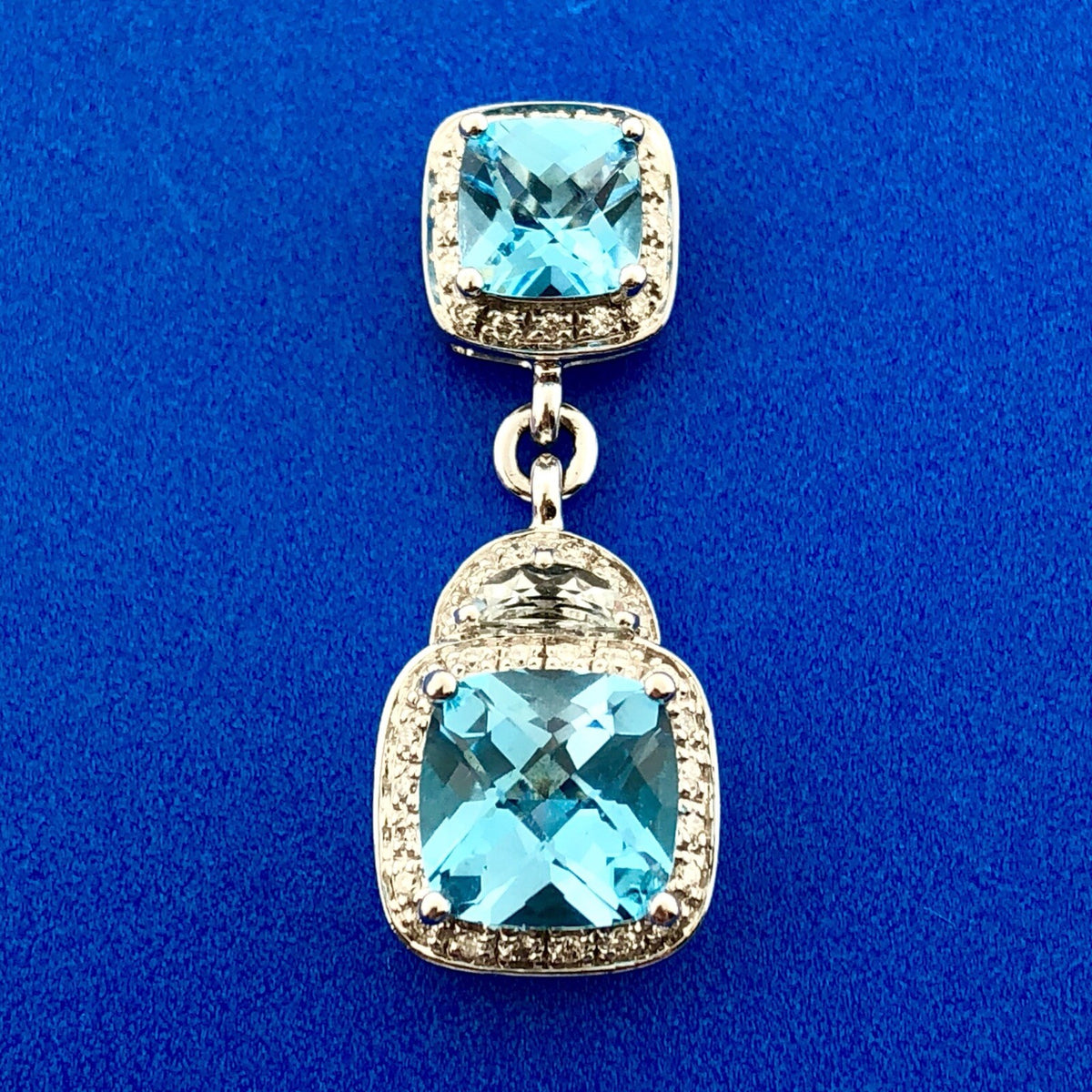 Stunning 14K White Gold Blue Topaz Diamond Aquamarine Accent Double Drop Pendant