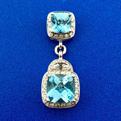 Stunning 14K White Gold Blue Topaz Diamond Aquamarine Accent Double Drop Pendant