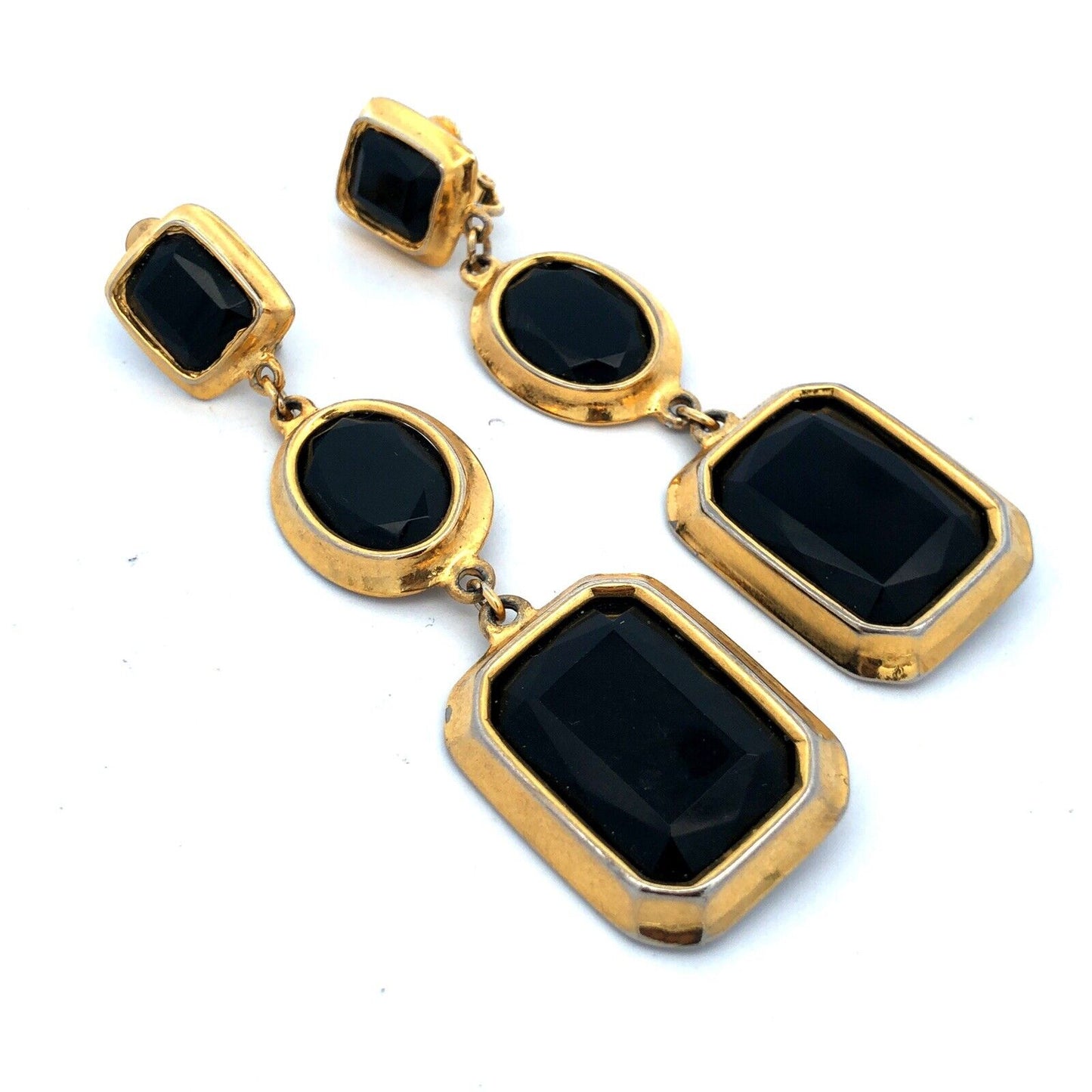 Vintage Runway Gold Tone Black Faceted Glass Statement Dangle Clip Earrings