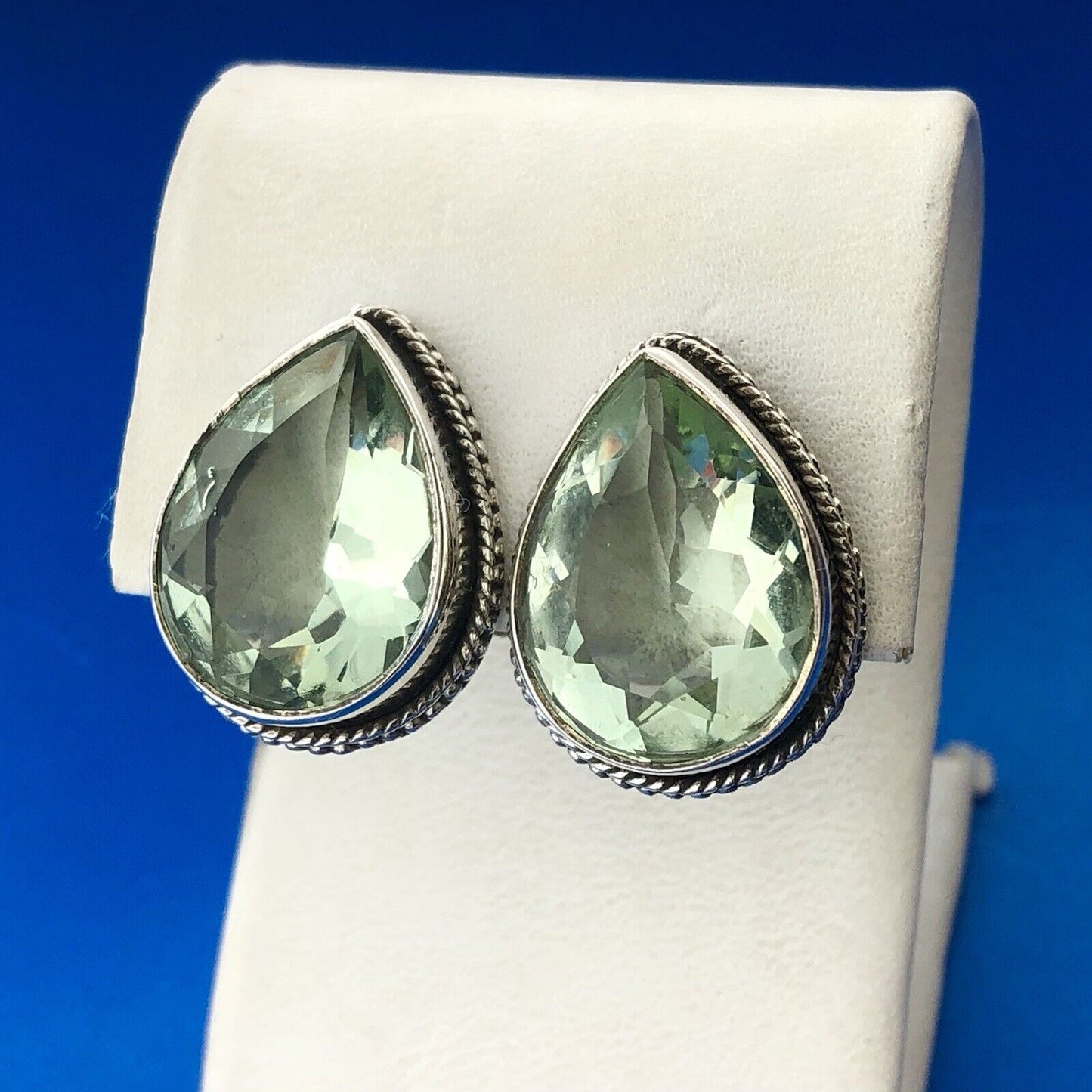 Retro 925 Sterling Silver Pear Pale Green Cubic Zirconia Statement Earrings