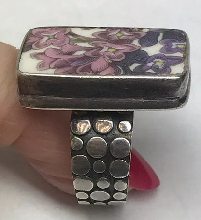 Vintage Sterling Silver 925 Purple Pink Floral Enamel Bead Work Statement Ring