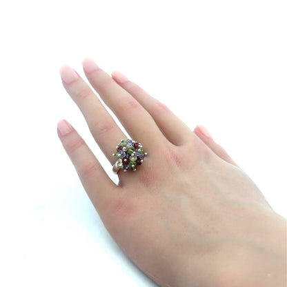 Designer 925 Sterling Silver Beaded Multi-Gemstone Cluster Dome Ring