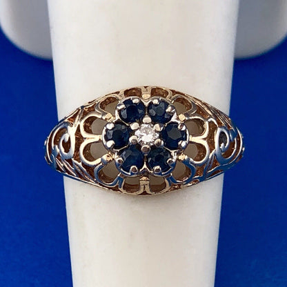 Vintage 10K Yellow Gold Sapphire Diamond Open Work September Cocktail Dome Ring