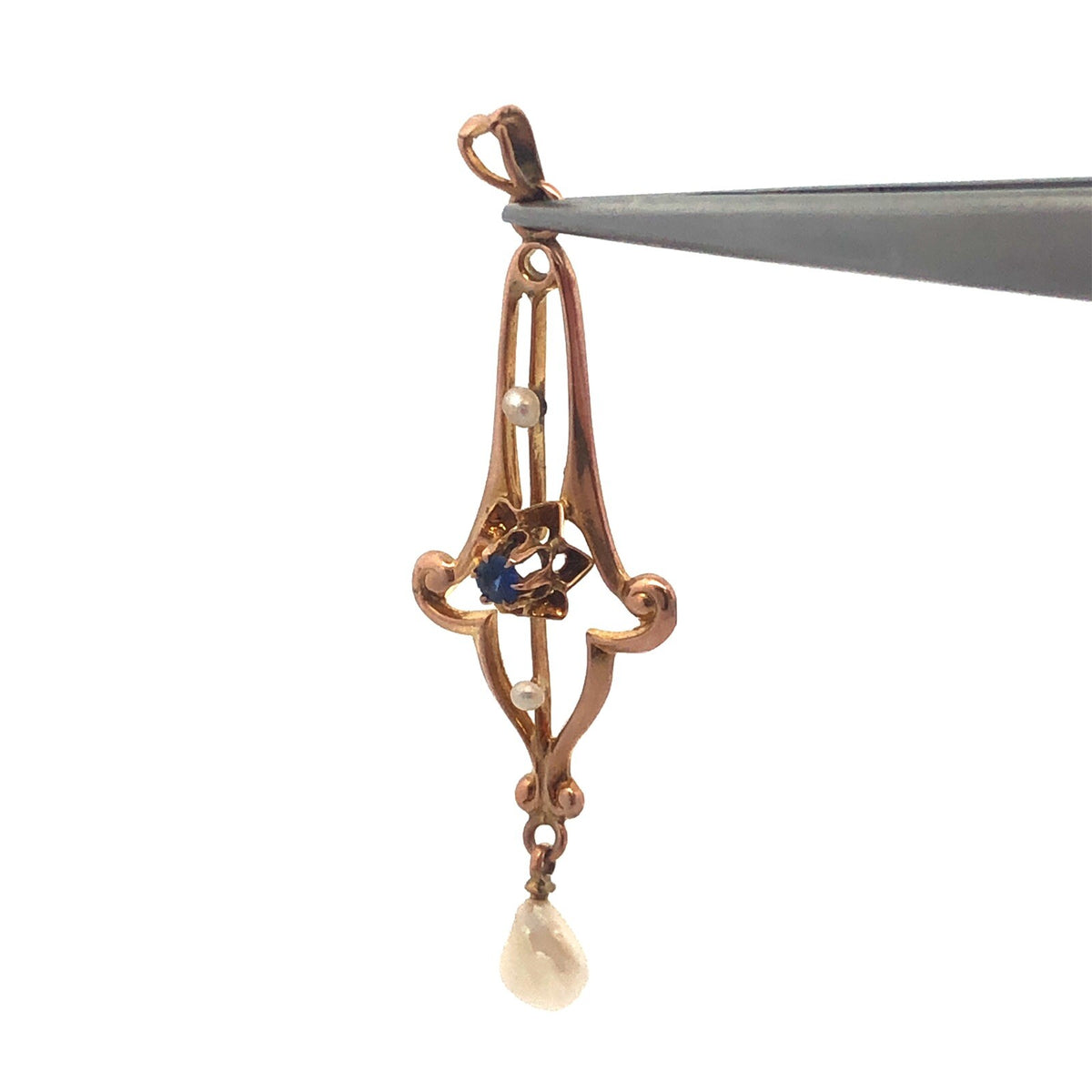 Art Nouveau 10K Yellow Gold Blue Glass Seed Pearl Drop Dangle Pendant