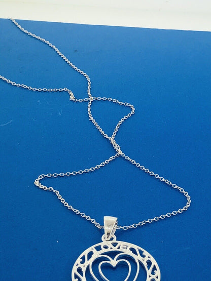 Sterling Silver 925 Heart Cutout Love Filigree Sweetheart Disc Pendant Necklace