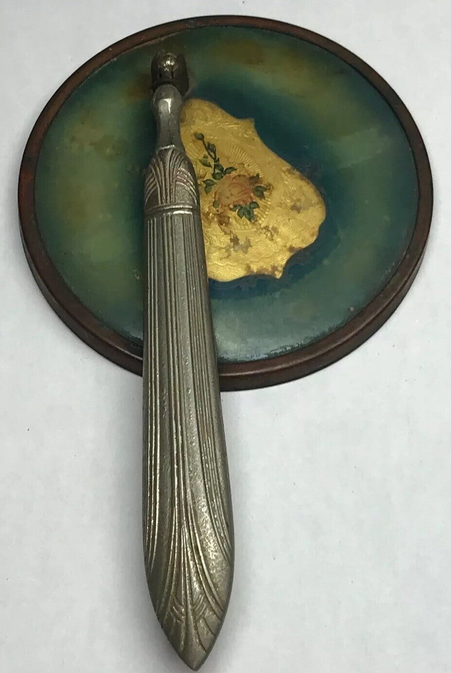 Antique Art Deco Nouveau Swivel Fold Out Ornate Celluloid Vanity Hand Mirror