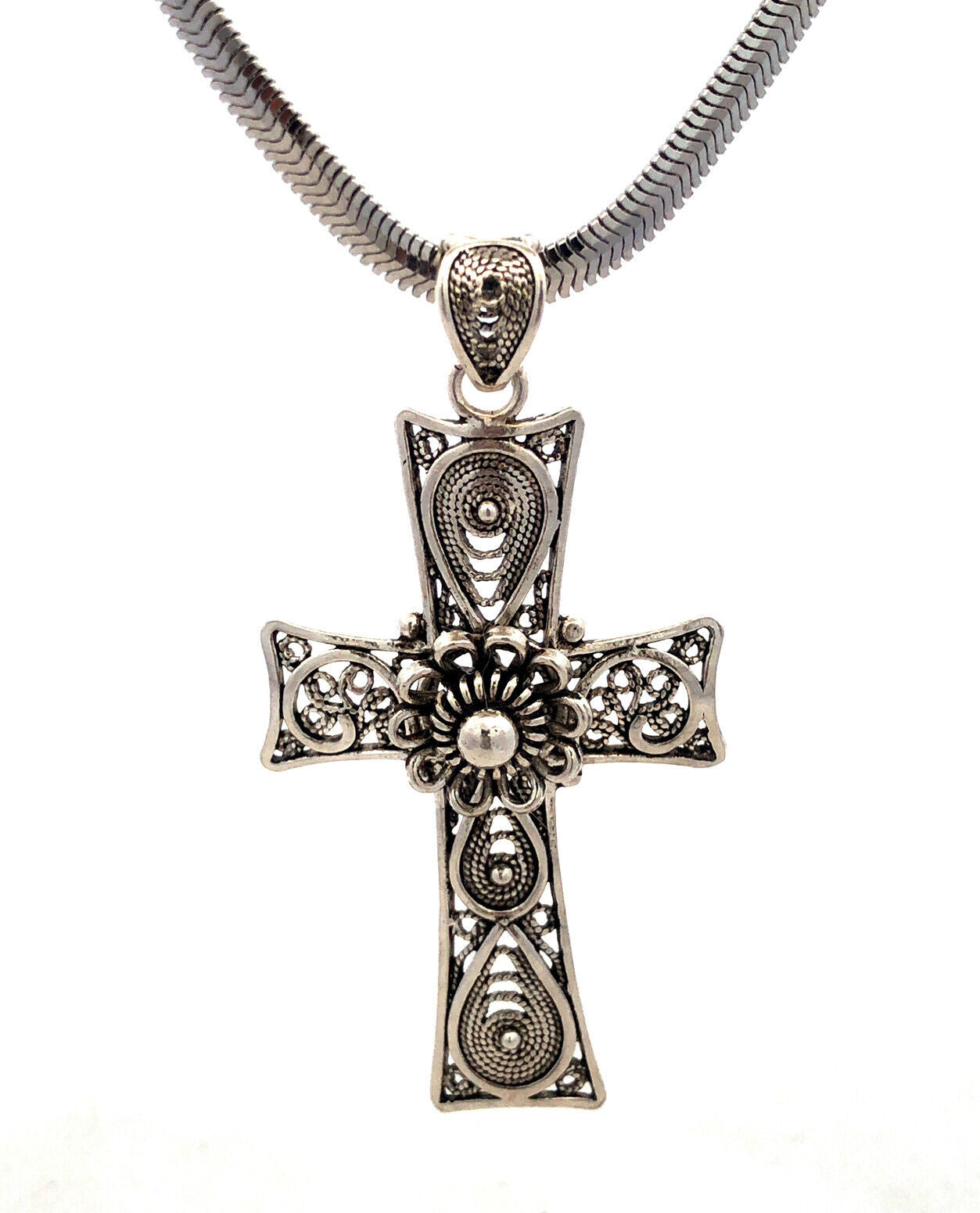 925 Sterling Silver Filigree Floral Cross Rope Chain Lariat Necklace