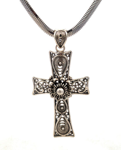 925 Sterling Silver Filigree Floral Cross Rope Chain Lariat Necklace