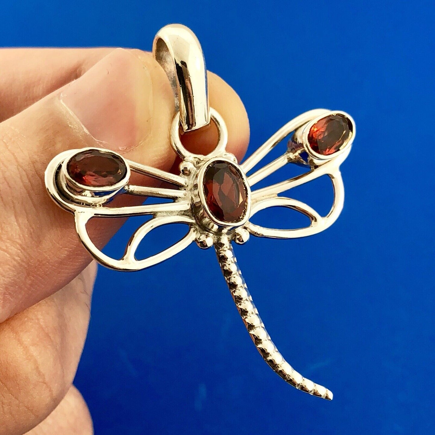 Sterling Silver 925 Garnet 3D Open Work Dragonfly Insect Statement Pendant