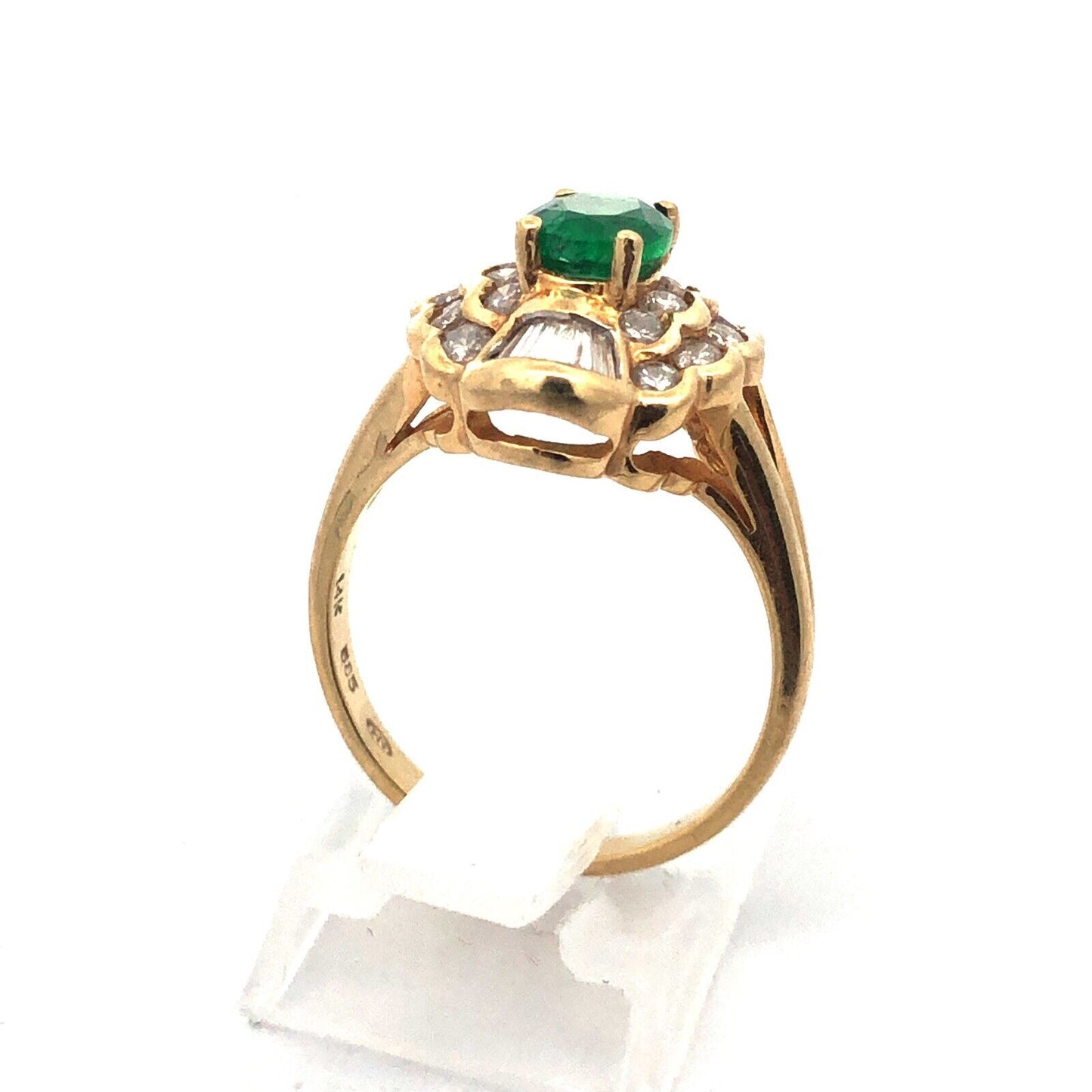 Estate 14K Yellow Gold Oval Emerald Diamond Double Halo Statement Cocktail Ring