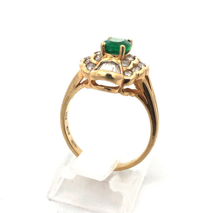 Estate 14K Yellow Gold Oval Emerald Diamond Double Halo Statement Cocktail Ring