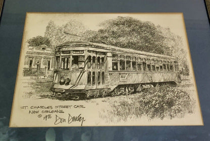 1976 Artist Don Davey St. Charles Street Car NOLA Pencil Sketch Matted Framed