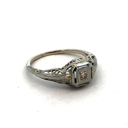 Vintage Art Deco 14K White Gold Round Diamond Filigree Square Engagement Ring