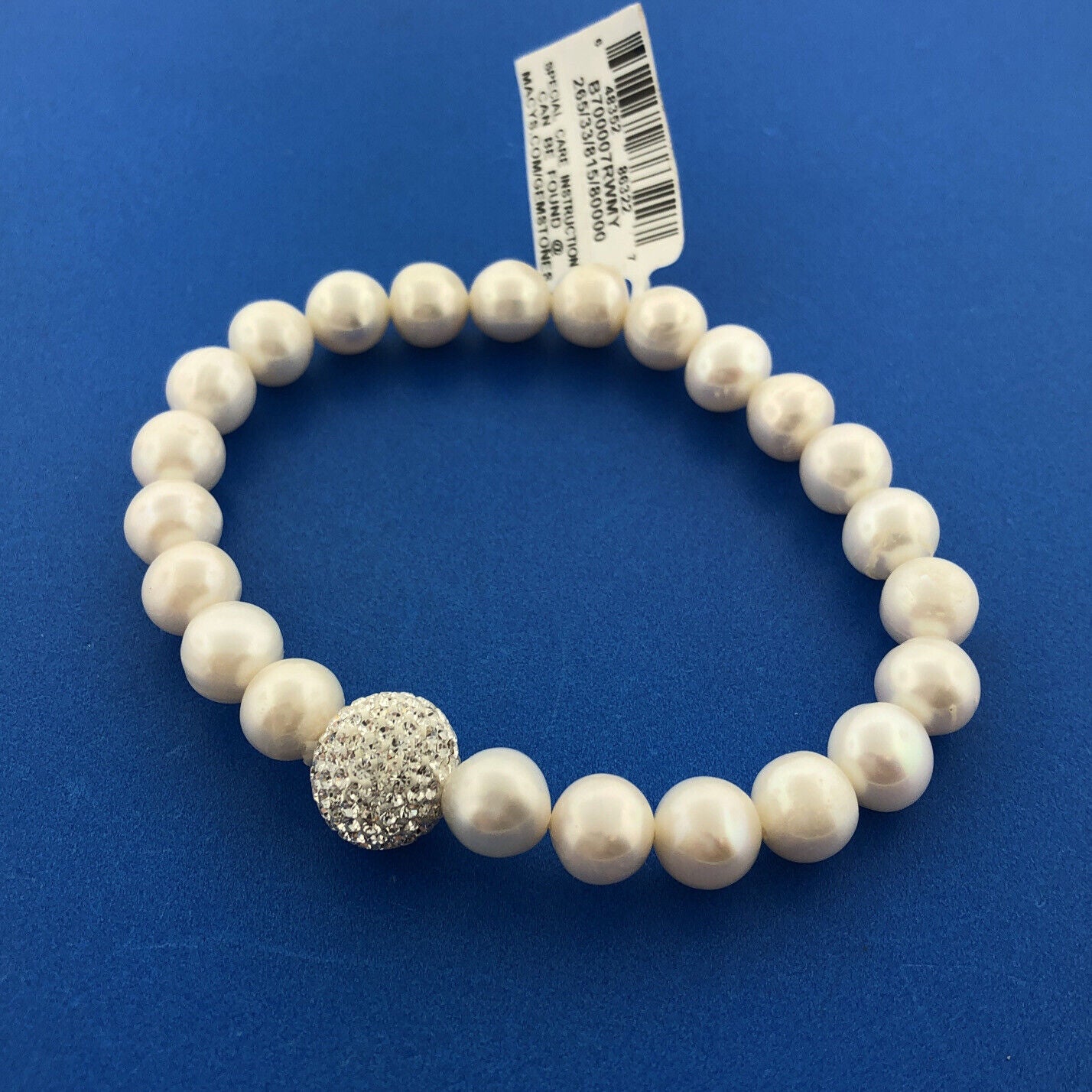 Stunning Sparkling Crystal Ball White Pearl Flexible 6.5" Bracelet New with Tags