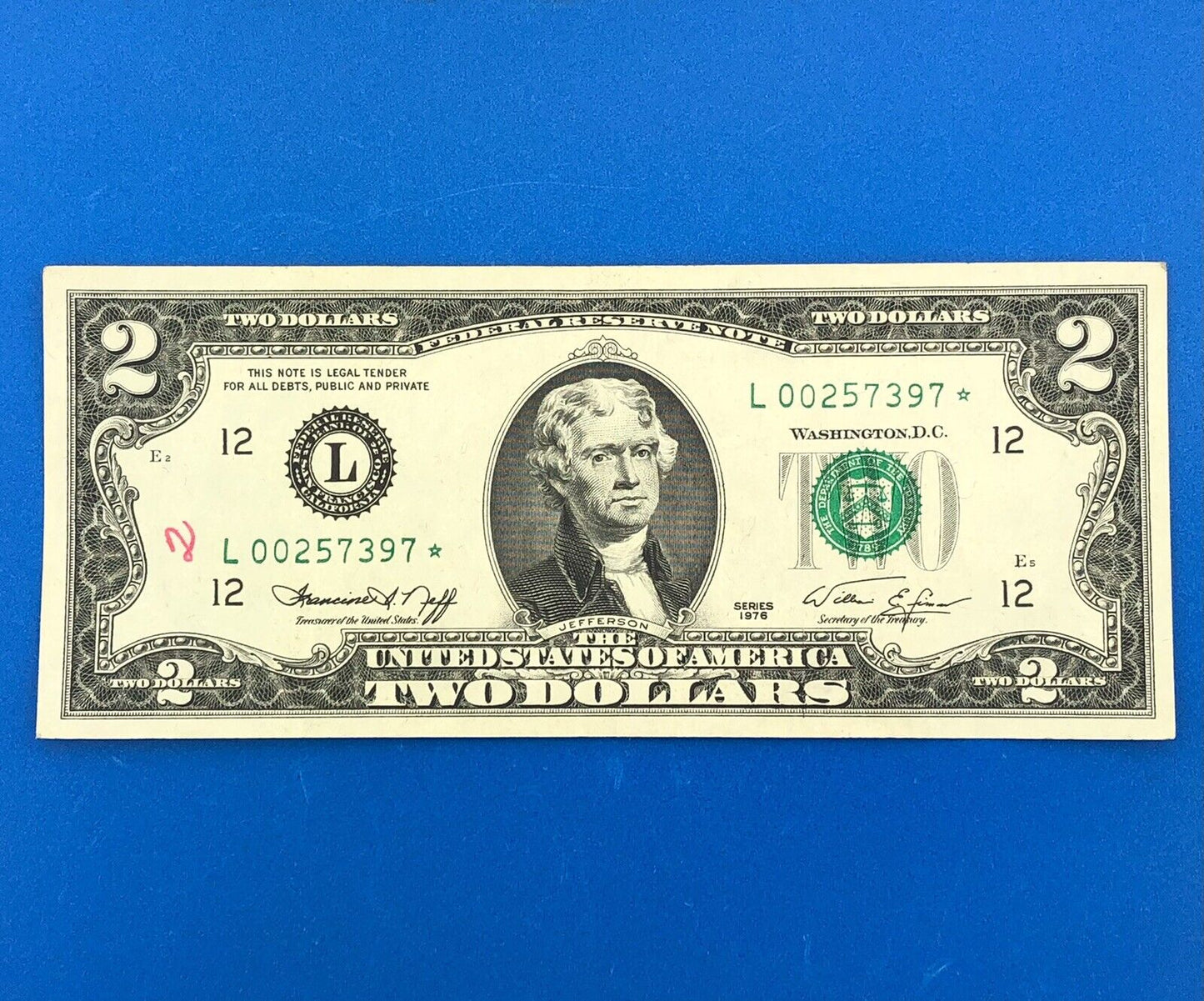 1976 Series $2 Federal Reserve San Francisco Star Note FR F-1935L* Tellers Mark