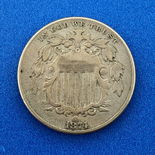 1874 P Shield Nickel Variety 2 Scarce Rare Better Key Philadelphia Mint Coin