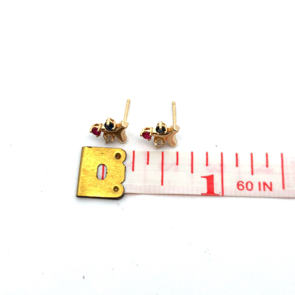 Vintage 14K Yellow Gold Sapphire Ruby Diamond Floral Cluster Stud Earrings