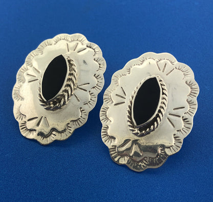 Taxco Mexico JMA TM-212 925 Sterling Silver Black Onyx Concho Stud Earrings