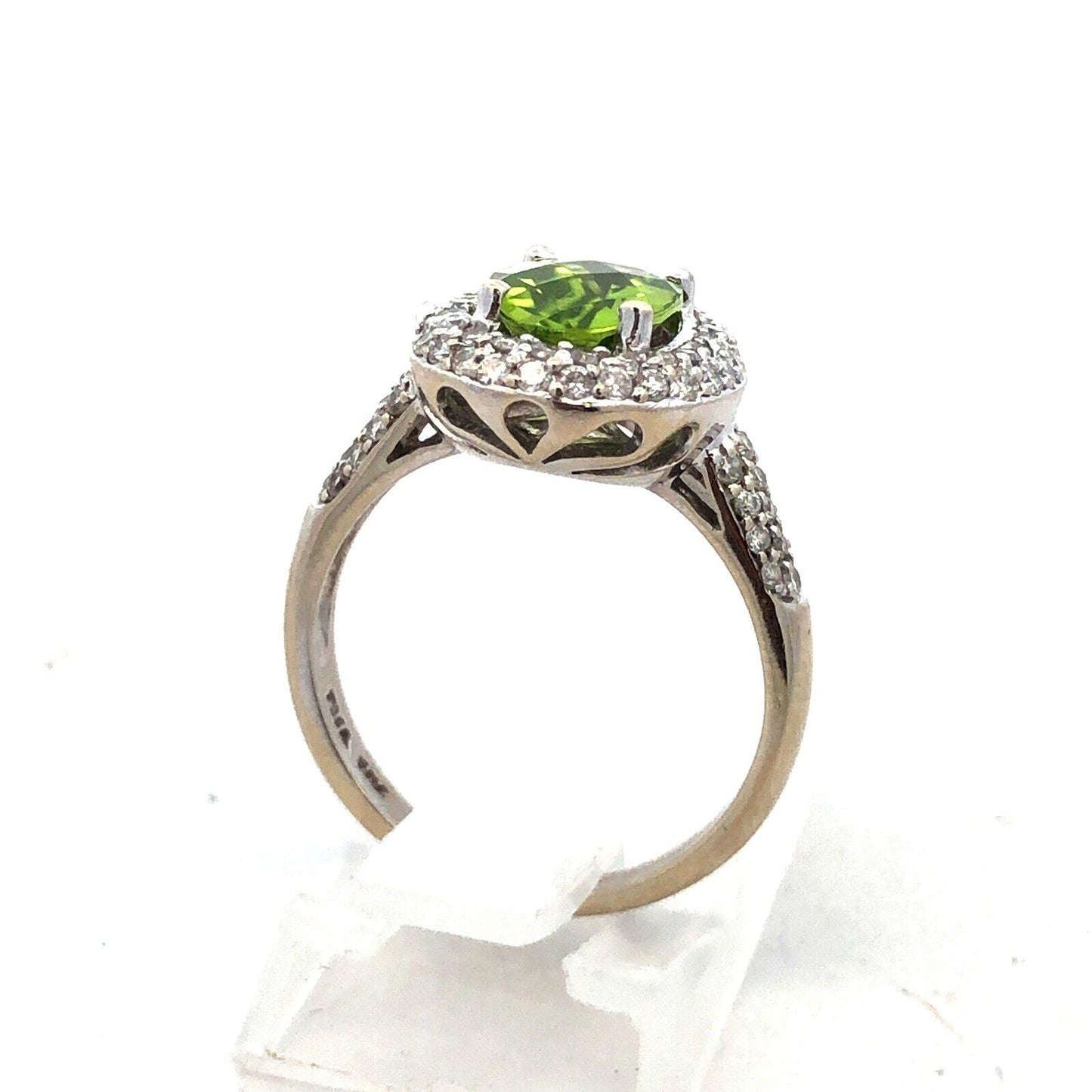 Designer EMA 14K White Gold Oval Cushion Cut Peridot Diamond Halo Cocktail Ring