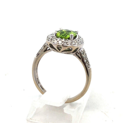 Designer EMA 14K White Gold Oval Cushion Cut Peridot Diamond Halo Cocktail Ring