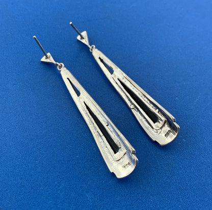 Lovely Sterling Silver 925 Cabochon Black Onyx Marcasite Accent Dangle Earrings