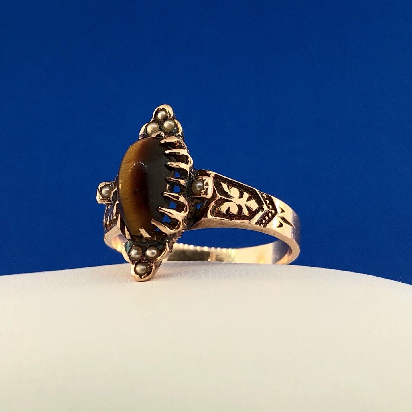 Art Deco Art Nouveau 10K Rose Gold Tigers Eye Seed Pearl Cocktail Ring