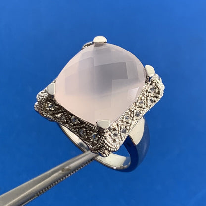 Estate Cushion Cut Rose Quartz Sterling Silver Diamond Accents Statement Ring