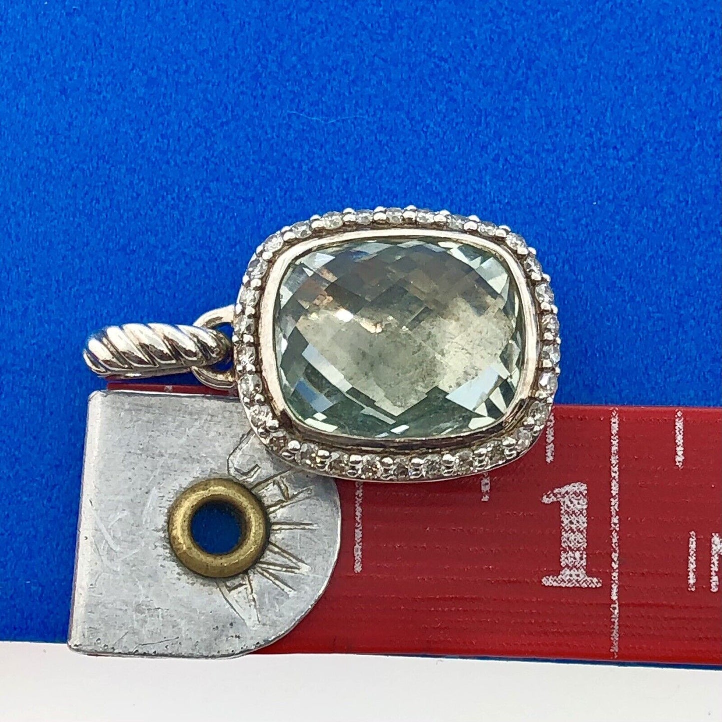 David Yurman DY Sterling Silver 925 Faceted Green Quartz Diamond Dangle Pendant