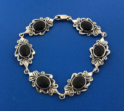 Estate Designer Sterling Silver 925 Black Onyx Scroll Panel Link Bracelet