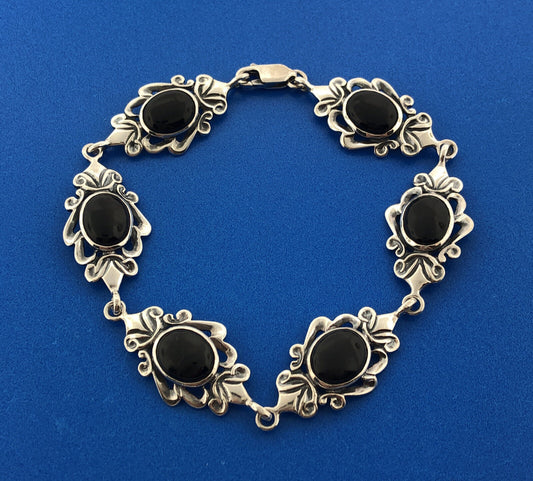 Estate Designer Sterling Silver 925 Black Onyx Scroll Panel Link Bracelet