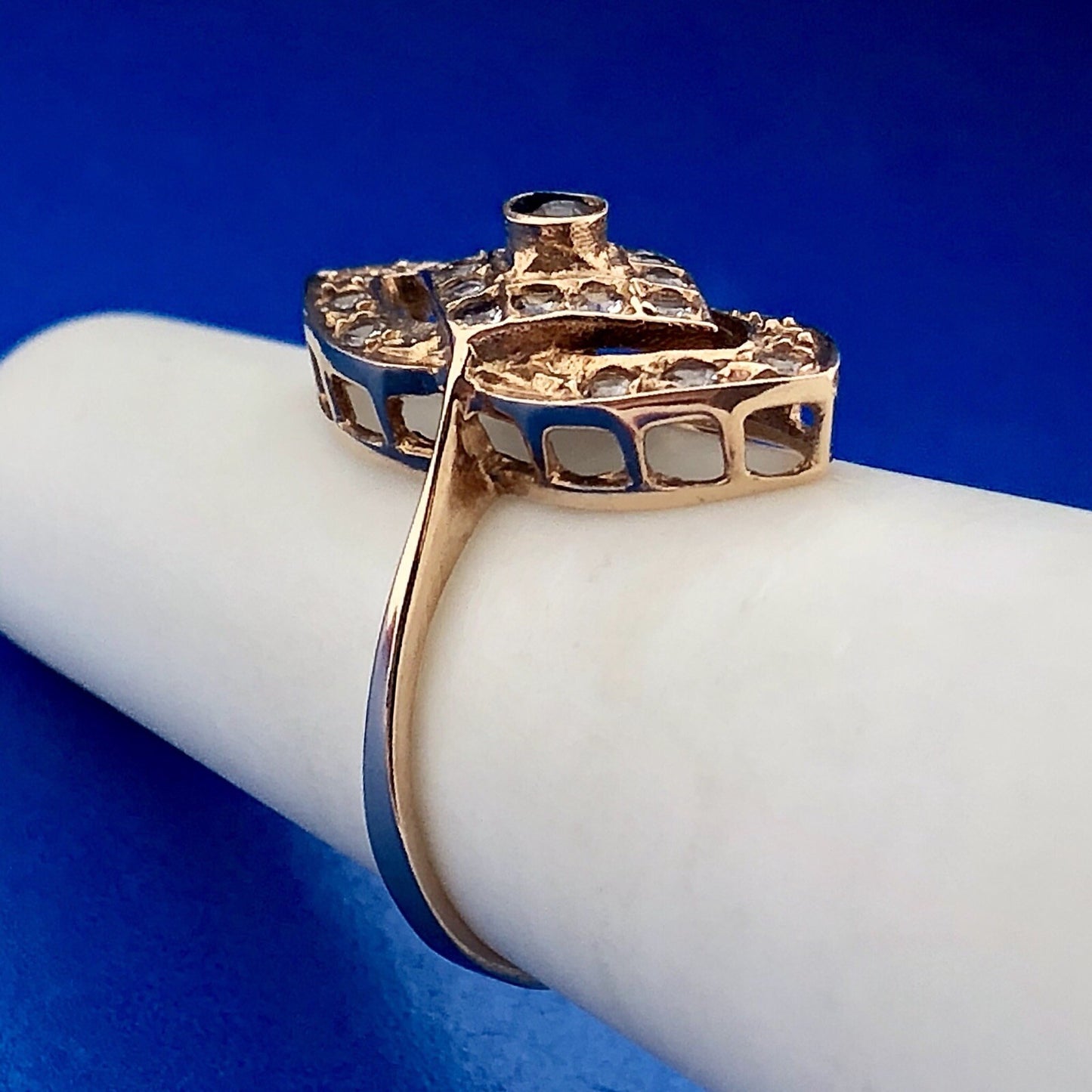 Art Deco Art Nouveau 14K Yellow Gold Sapphire Aquamarine Accent Cocktail Ring