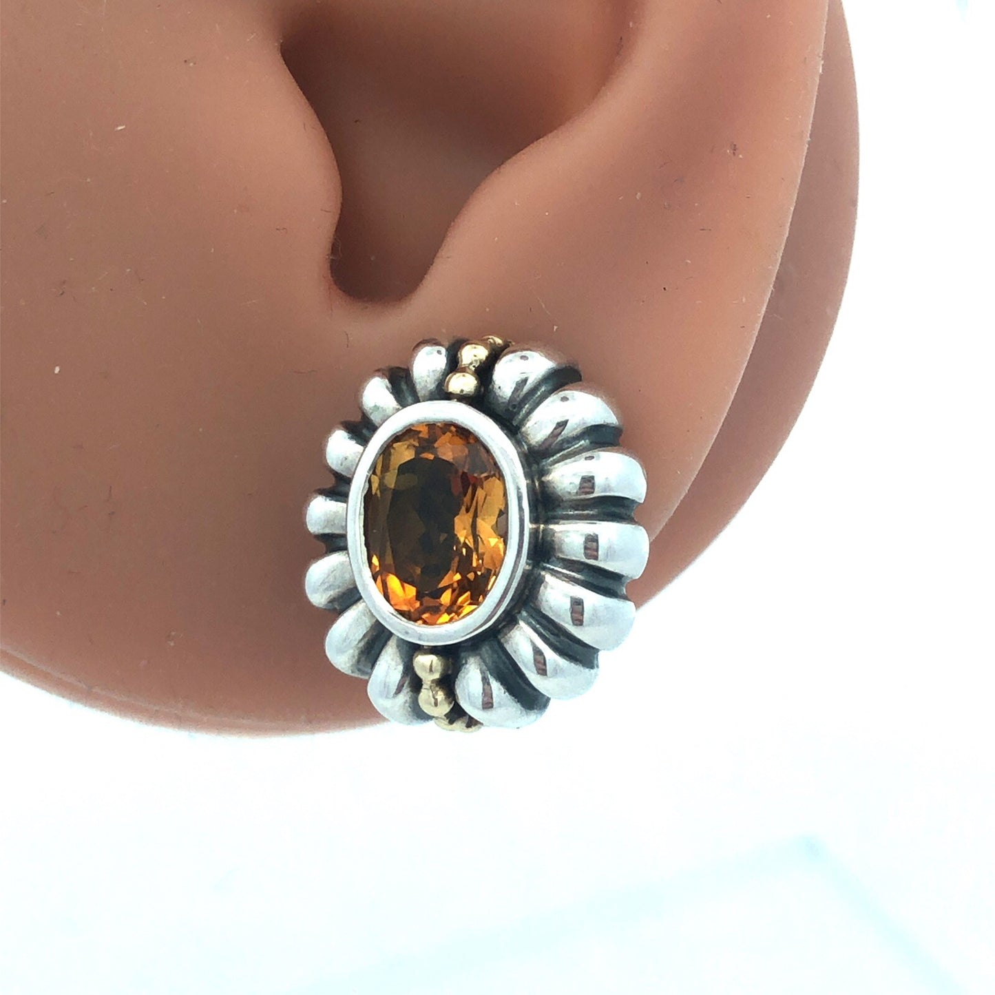 Lagos Caviar 925 Sterling Silver 18K Yellow Gold Cognac Cushion Citrine Earrings