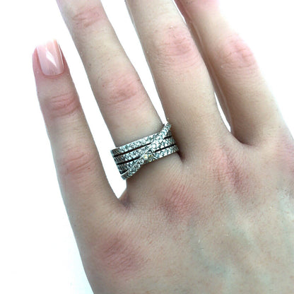 Designer 10K White Gold Diamond Crossover Four Band Anniversary Coctail Ring