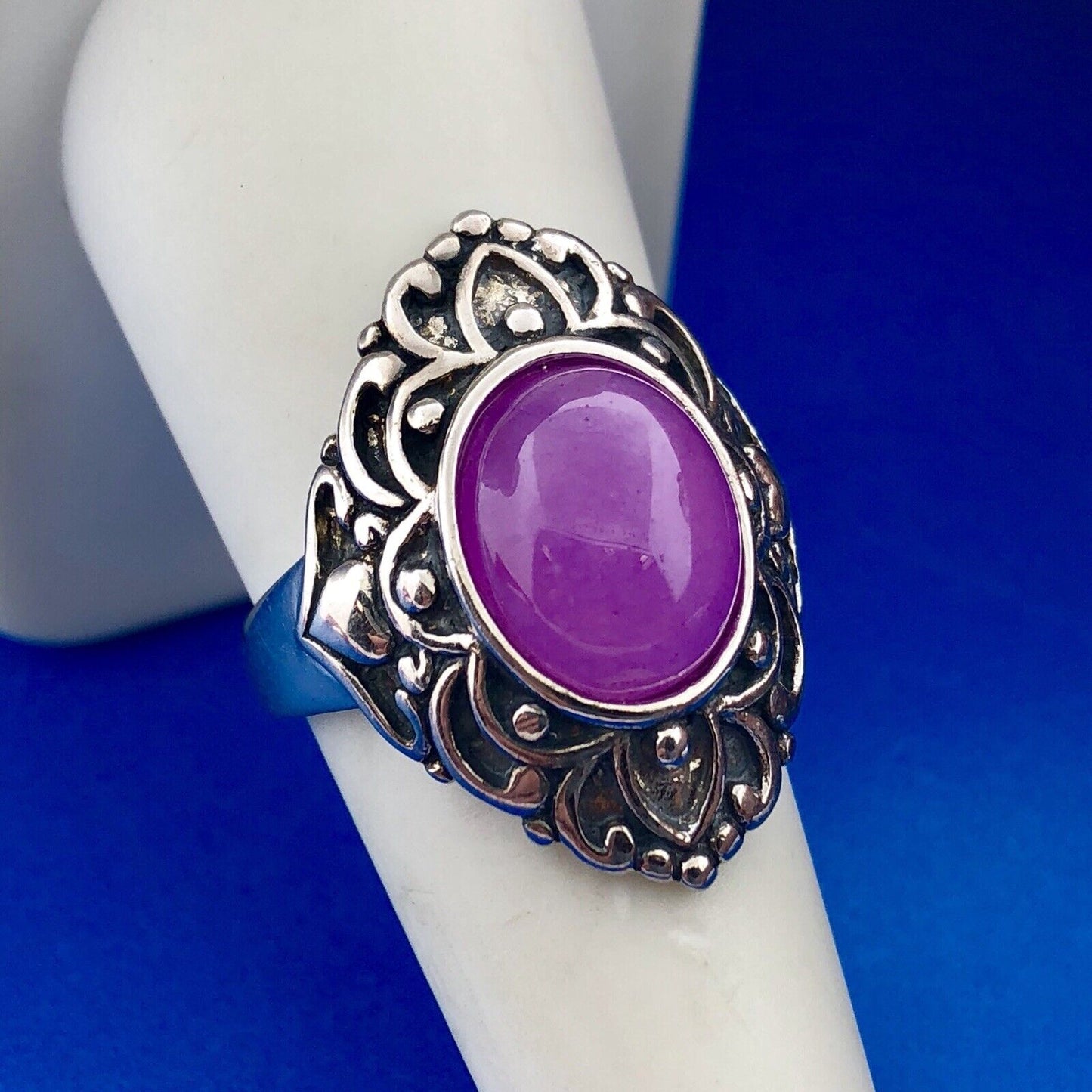 Vintage FAS Sterling Silver 925 Pink Tourmaline Cabochon Scroll Fashion Ring