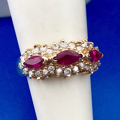 14K Yellow Gold Ruby Diamond Band Cluster July Anniversary Bridal Cocktail Ring