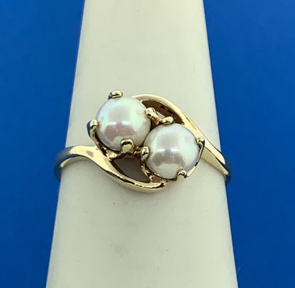 10K Yellow Gold Pearl Duo Bypass Cocktail Ring