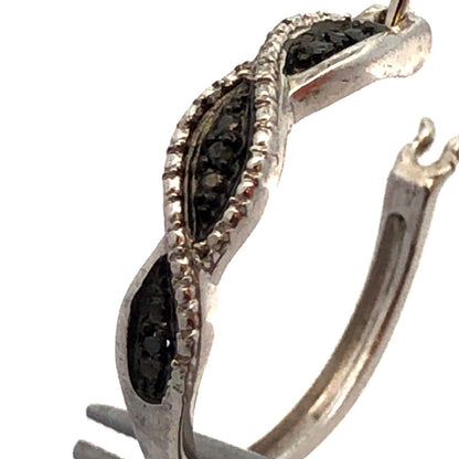Designer 925 Sterling Silver Black Diamond Round Hoop Earrings