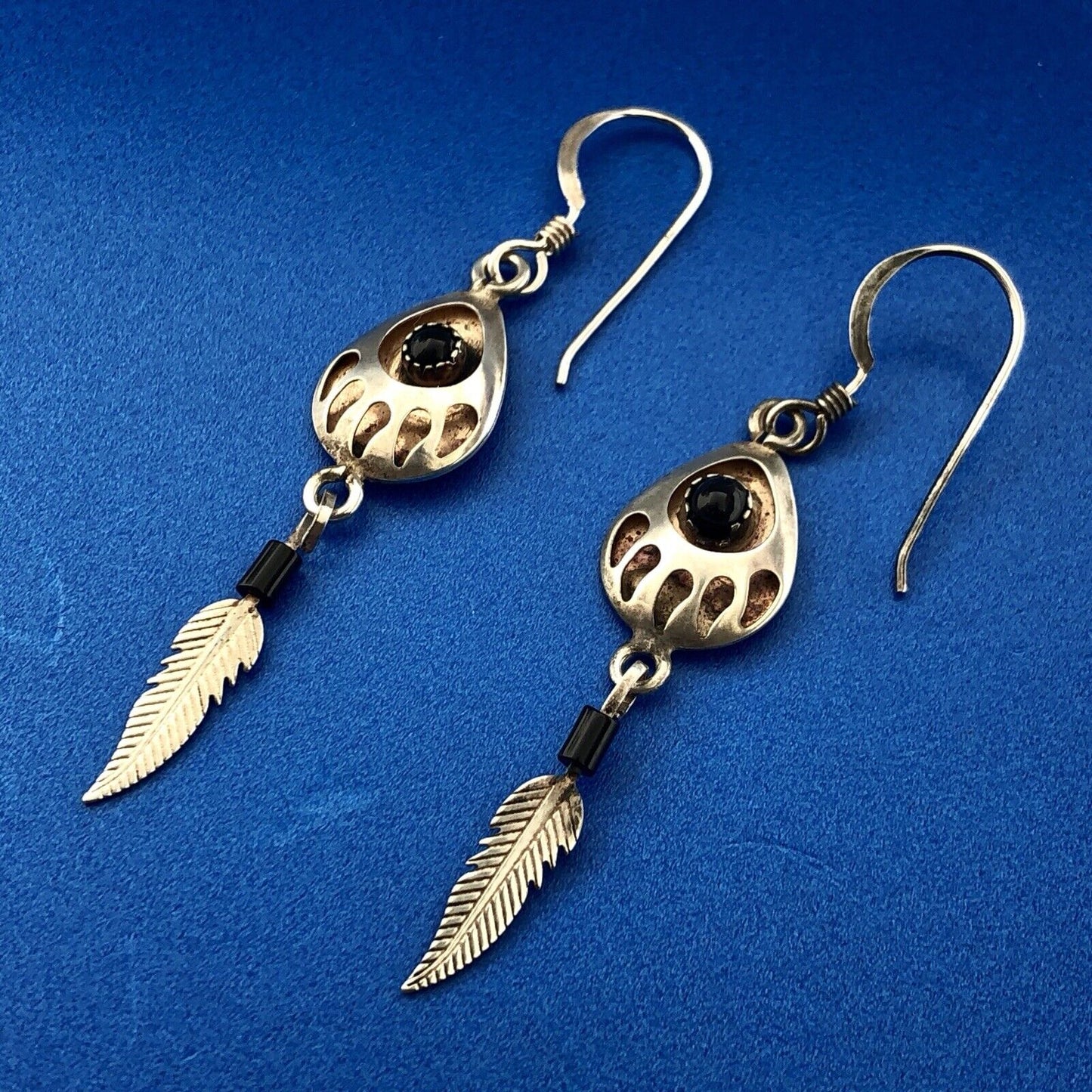 Estate Native American Sterling Silver Black Onyx Bear Paw Feather Drop Earrings