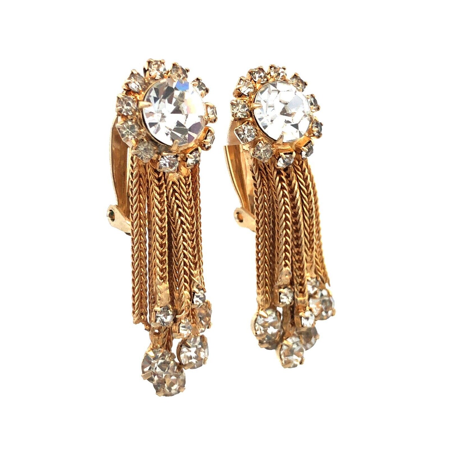 Mid Century Gold Tone Rhinestone Mesh Chain Statement Brooch Earrings 3 Pc Set